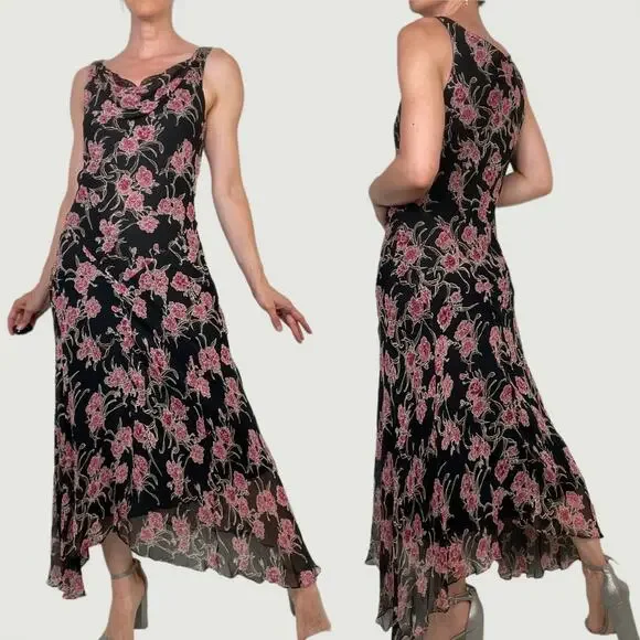 ICE silk beaded floral maxi dress long cowl neck vintage Y2K‎ pink black fairy M - Picture 3 of 17